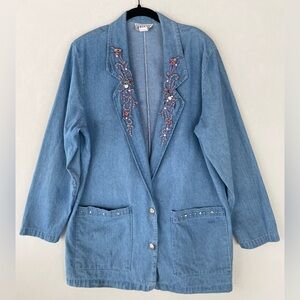 VTG Bridge Embellished Denim Oversized Blazer Size M 80s 90s Retro Feminine